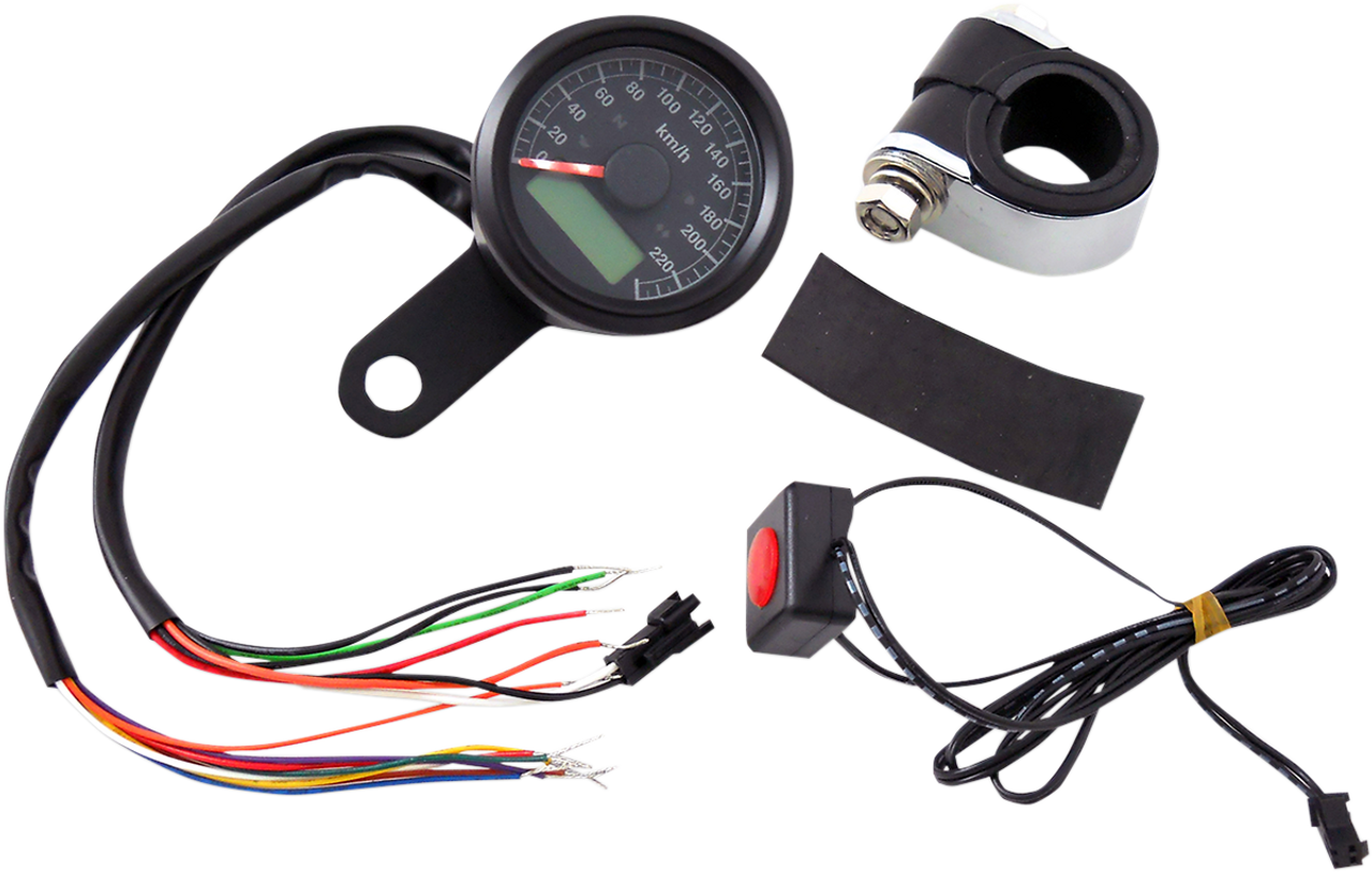 DRAG SPECIALTIES 1-7/8" Programmable Speedometer with Indicator Lights - Gloss Black - 220 KPH LED Black Face 77902K